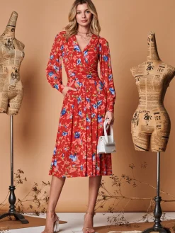 Jolie Moi Occasion Dresses|Mesh Dresses-Floral Long Sleeve Mesh Midi Dress, Red Floral