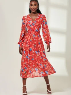 Jolie Moi Occasion Dresses|Mesh Dresses-Floral Long Sleeve Mesh Midi Dress, Red Floral