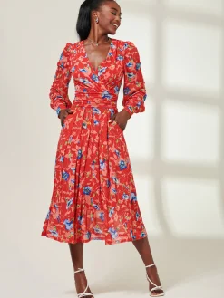 Jolie Moi Occasion Dresses|Mesh Dresses-Floral Long Sleeve Mesh Midi Dress, Red Floral