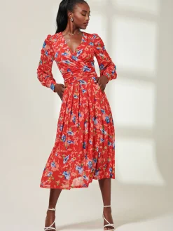 Jolie Moi Occasion Dresses|Mesh Dresses-Floral Long Sleeve Mesh Midi Dress, Red Floral