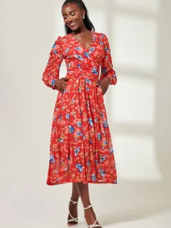 Jolie Moi Occasion Dresses|Mesh Dresses-Floral Long Sleeve Mesh Midi Dress, Red Floral