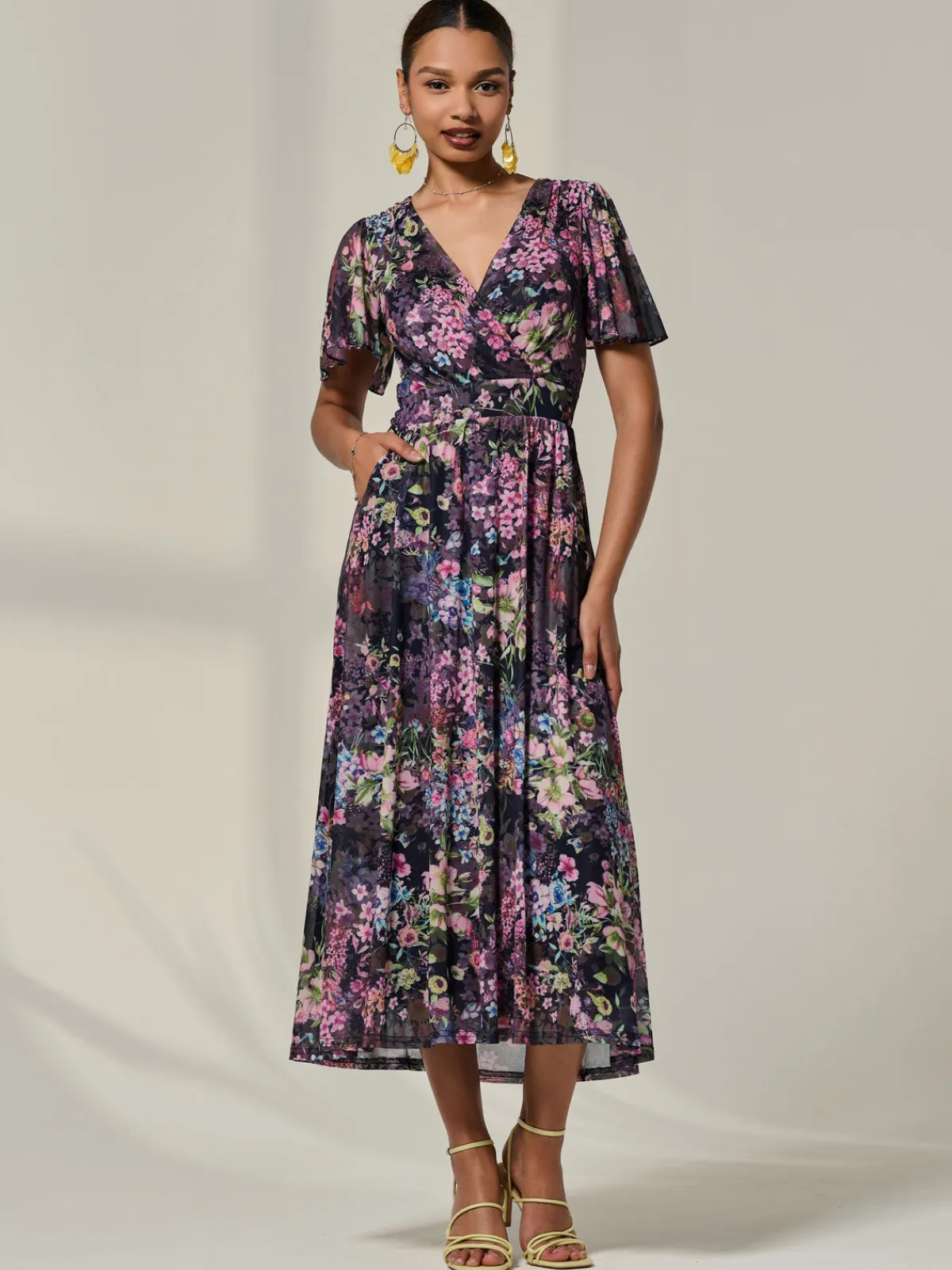Jolie Moi Occasion Dresses|Floral Dresses-Floral Mesh Angel Sleeve Midaxi Dress, Floral Multi