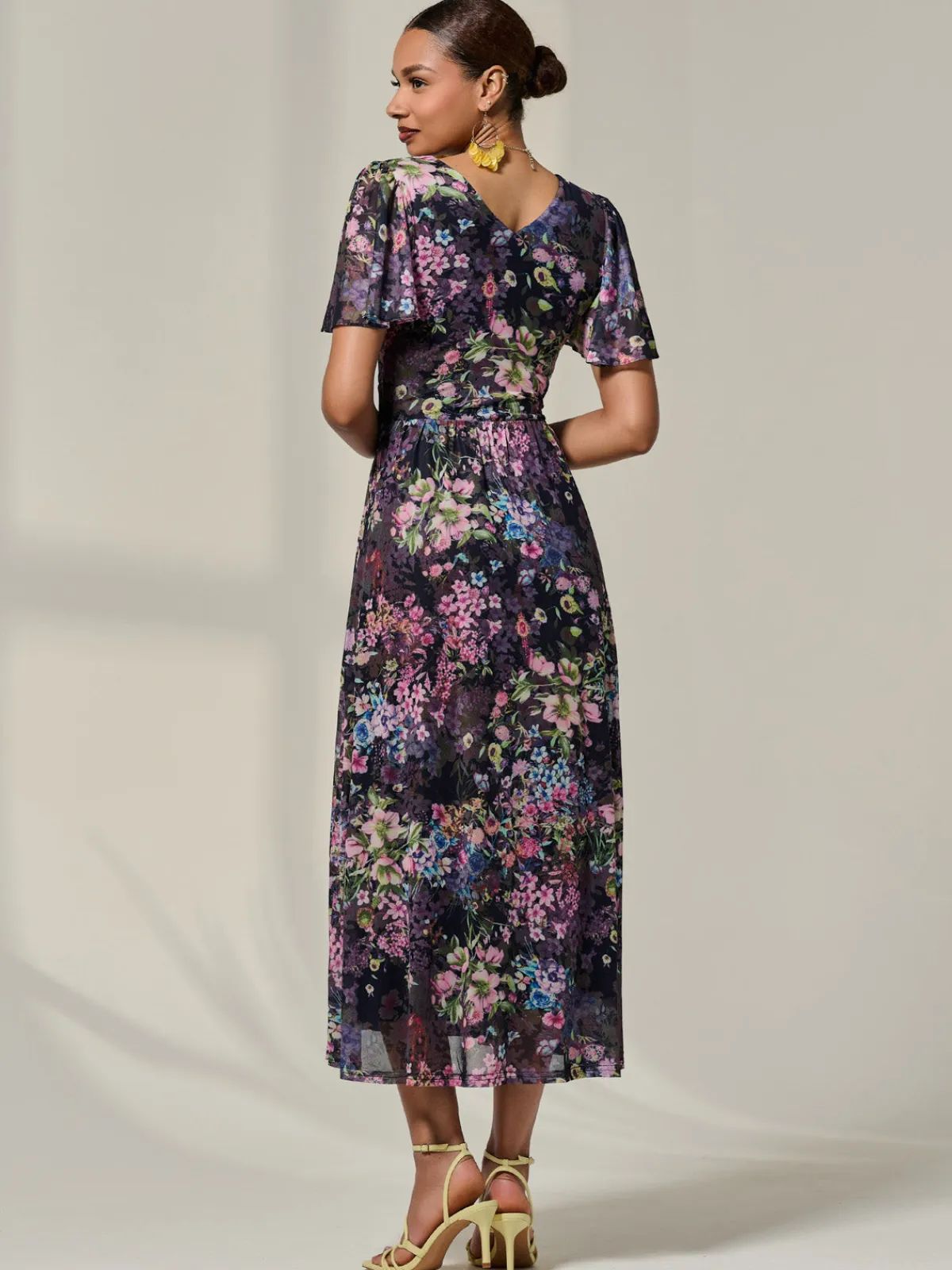 Jolie Moi Occasion Dresses|Floral Dresses-Floral Mesh Angel Sleeve Midaxi Dress, Floral Multi