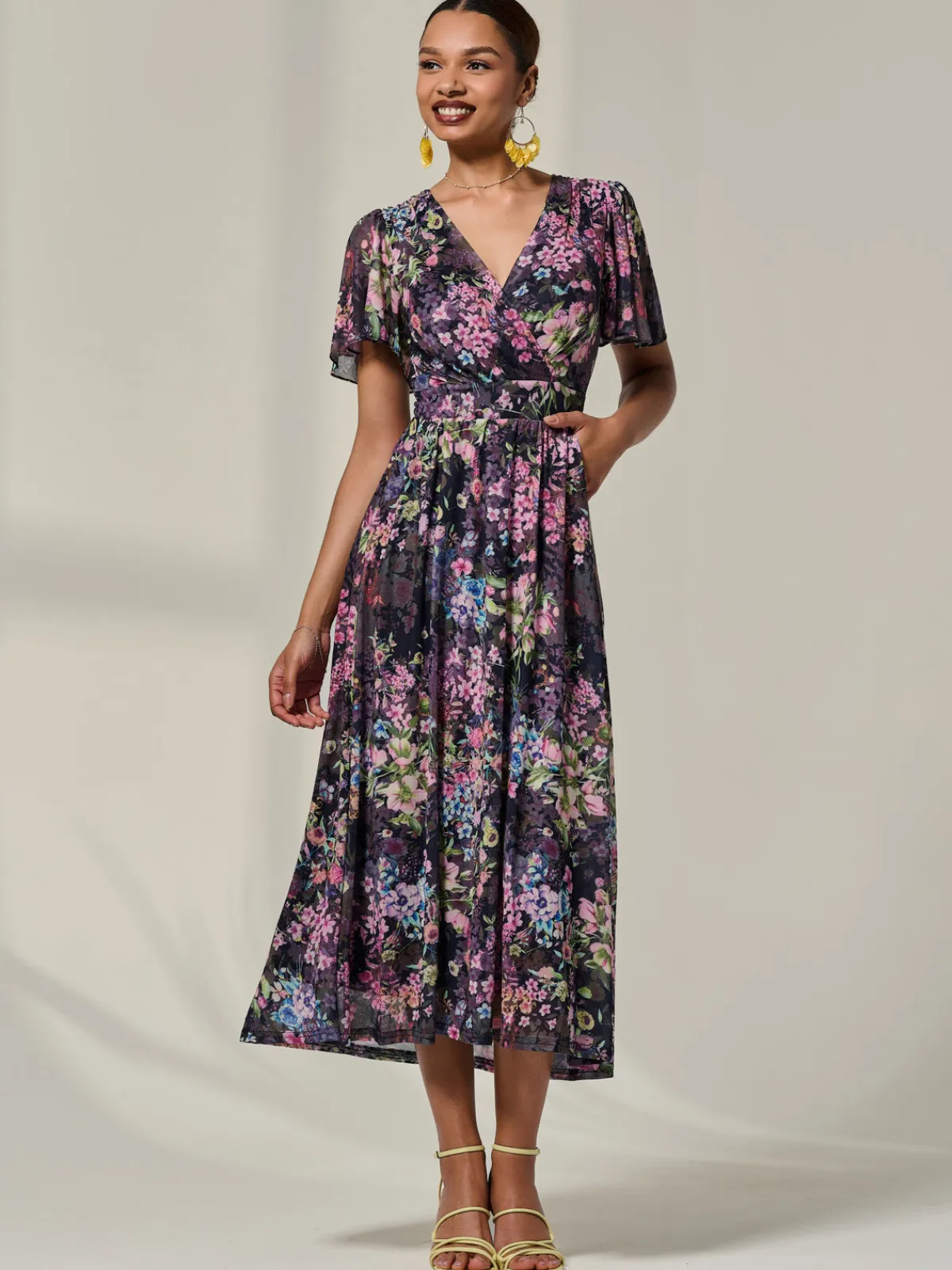 Jolie Moi Occasion Dresses|Floral Dresses-Floral Mesh Angel Sleeve Midaxi Dress, Floral Multi