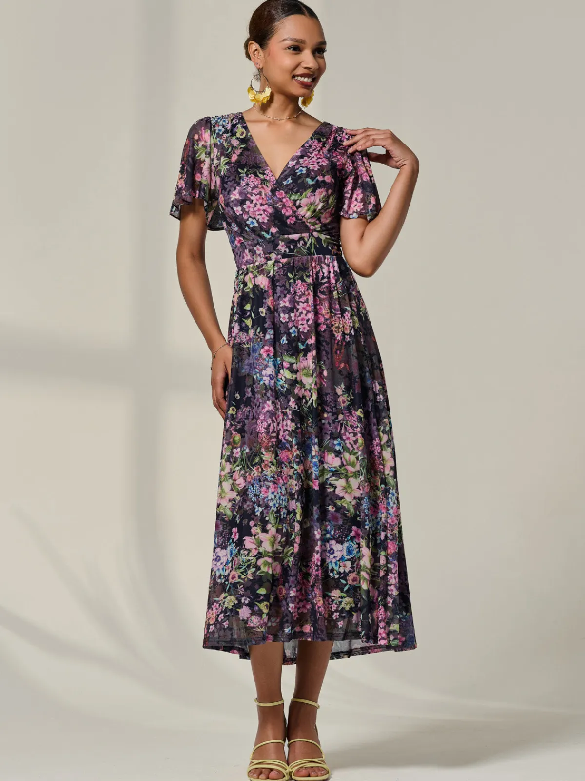 Jolie Moi Occasion Dresses|Floral Dresses-Floral Mesh Angel Sleeve Midaxi Dress, Floral Multi