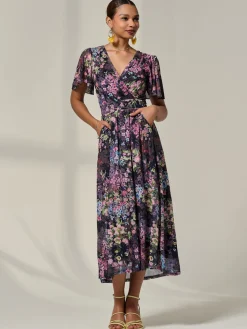 Jolie Moi Occasion Dresses|Floral Dresses-Floral Mesh Angel Sleeve Midaxi Dress, Floral Multi