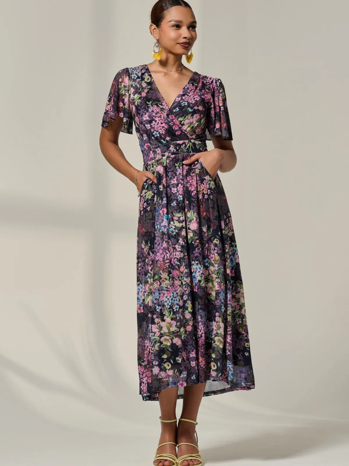 Jolie Moi Occasion Dresses|Floral Dresses-Floral Mesh Angel Sleeve Midaxi Dress, Floral Multi