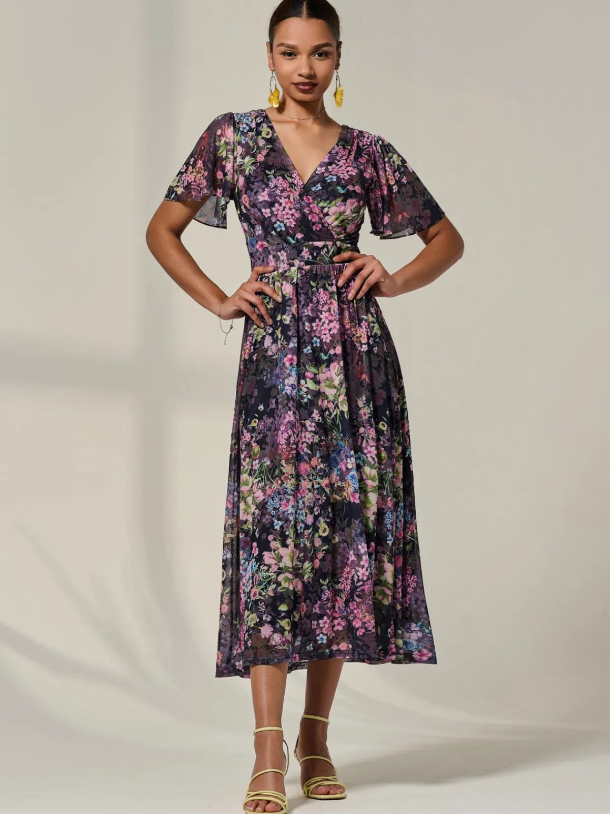 Jolie Moi Occasion Dresses|Floral Dresses-Floral Mesh Angel Sleeve Midaxi Dress, Floral Multi