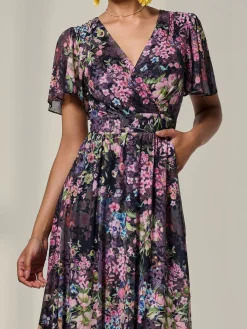 Jolie Moi Occasion Dresses|Floral Dresses-Floral Mesh Angel Sleeve Midaxi Dress, Floral Multi
