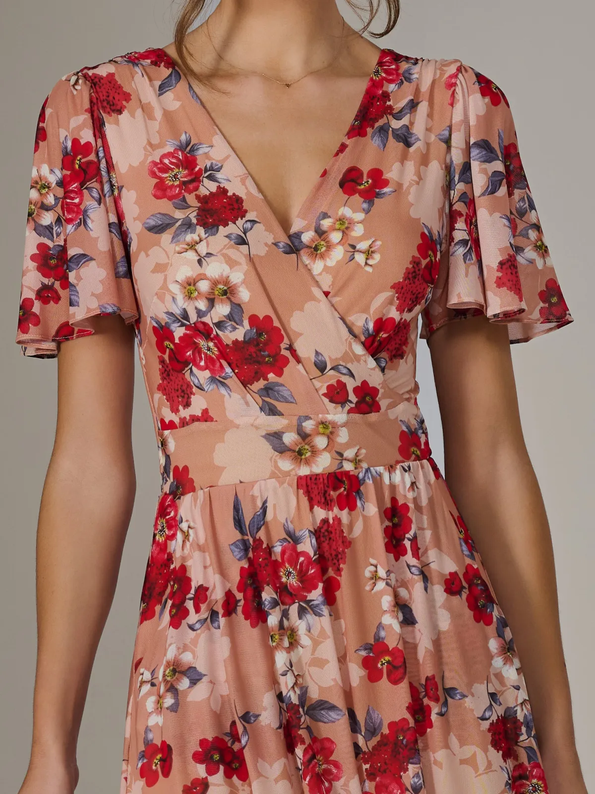 Jolie Moi Occasion Dresses|Floral Dresses-Floral Mesh Wrap Maxi Dress, Red Floral
