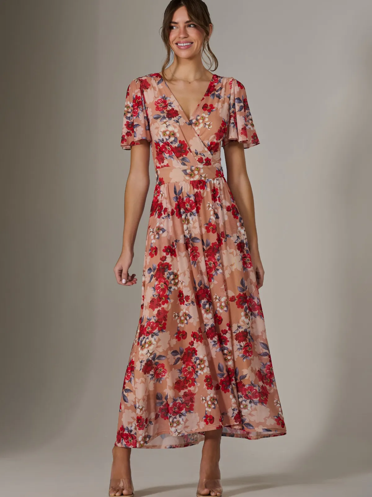 Jolie Moi Occasion Dresses|Floral Dresses-Floral Mesh Wrap Maxi Dress, Red Floral