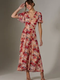 Jolie Moi Occasion Dresses|Floral Dresses-Floral Mesh Wrap Maxi Dress, Red Floral