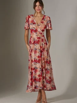 Jolie Moi Occasion Dresses|Floral Dresses-Floral Mesh Wrap Maxi Dress, Red Floral
