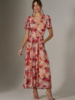Jolie Moi Occasion Dresses|Floral Dresses-Floral Mesh Wrap Maxi Dress, Red Floral