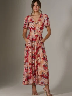 Jolie Moi Occasion Dresses|Floral Dresses-Floral Mesh Wrap Maxi Dress, Red Floral