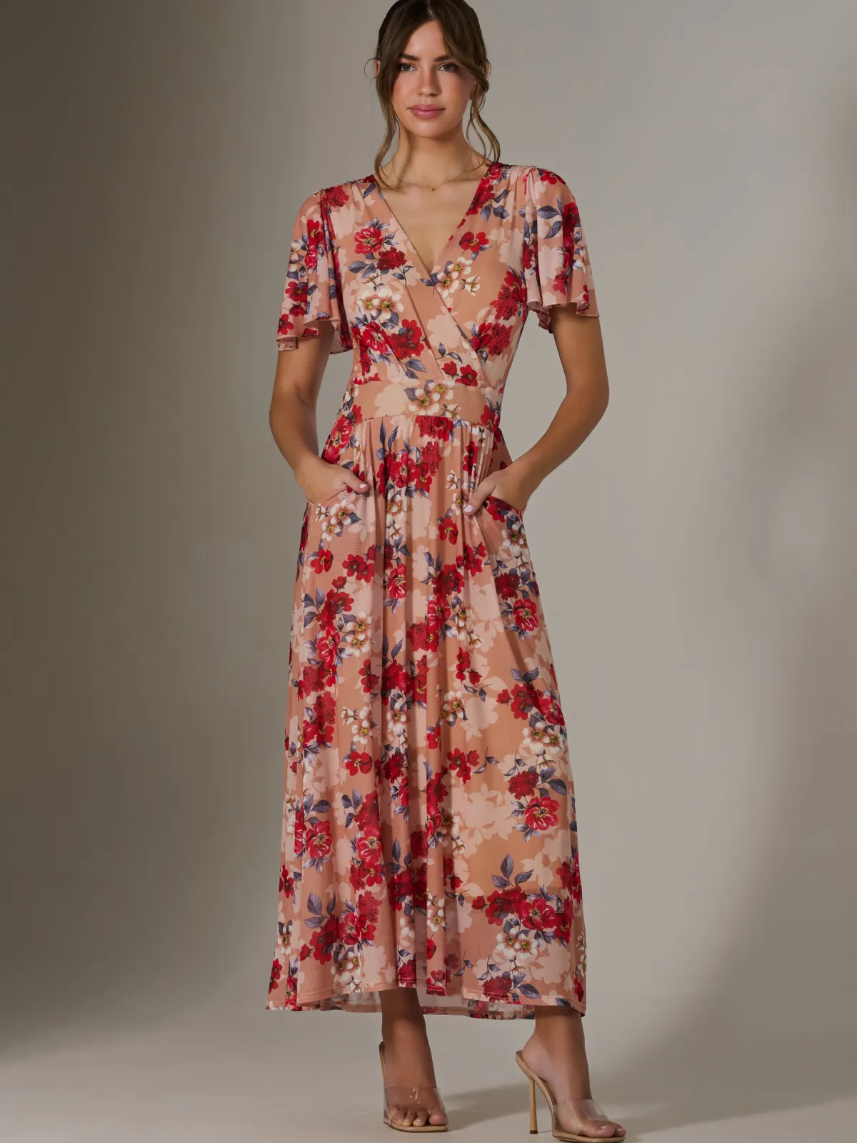 Jolie Moi Occasion Dresses|Floral Dresses-Floral Mesh Wrap Maxi Dress, Red Floral
