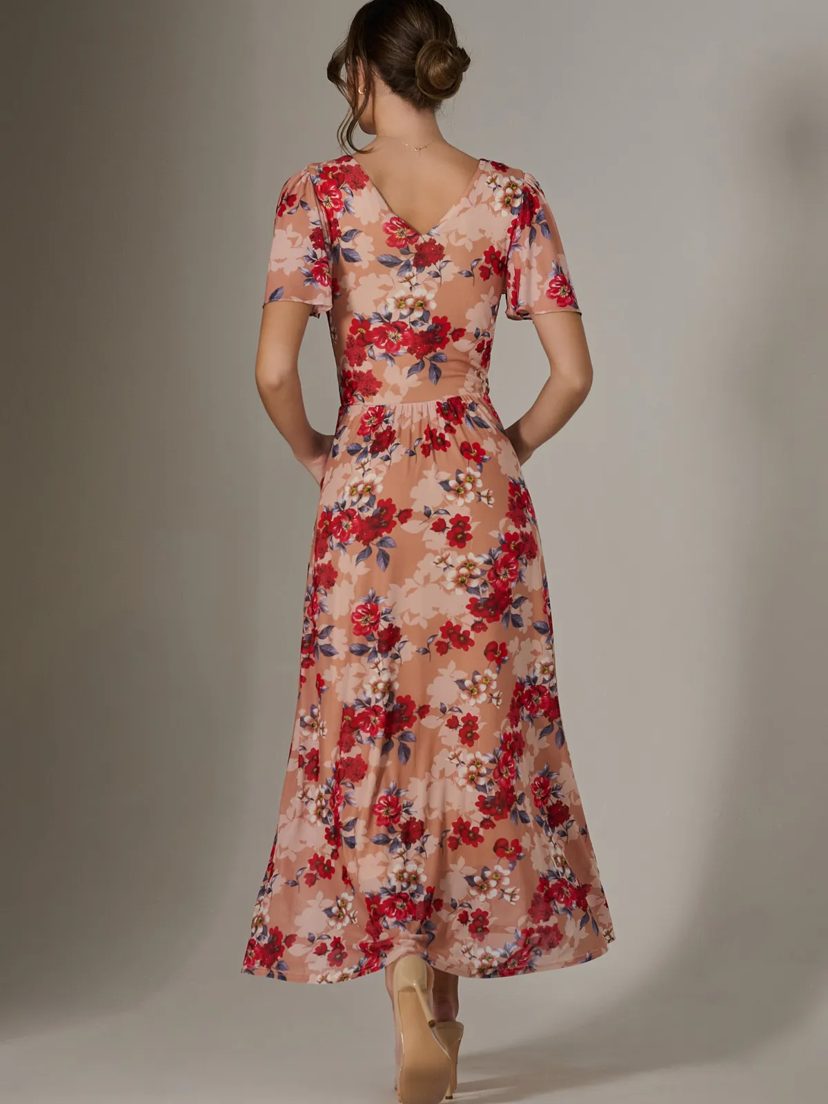 Jolie Moi Occasion Dresses|Floral Dresses-Floral Mesh Wrap Maxi Dress, Red Floral