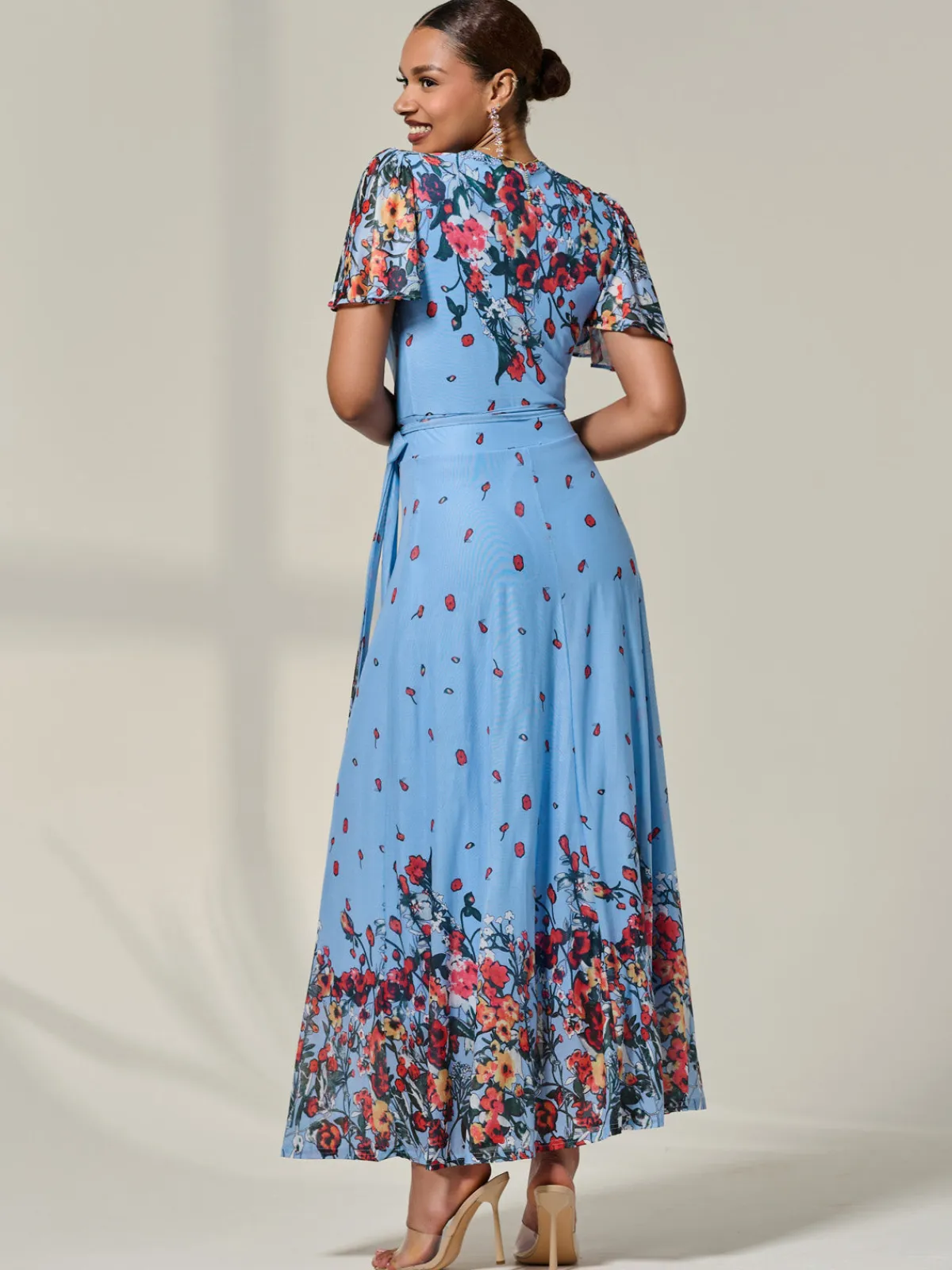 Jolie Moi Occasion Dresses|Floral Dresses-Floral Mirror Mesh Wrap Maxi Dress, Blue Floral