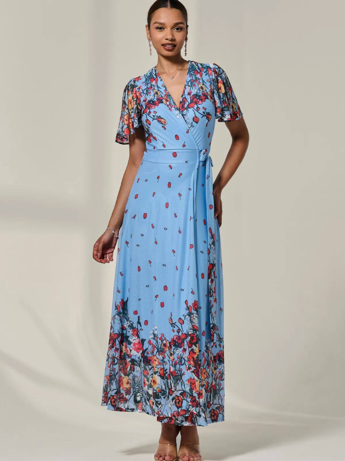 Jolie Moi Occasion Dresses|Floral Dresses-Floral Mirror Mesh Wrap Maxi Dress, Blue Floral