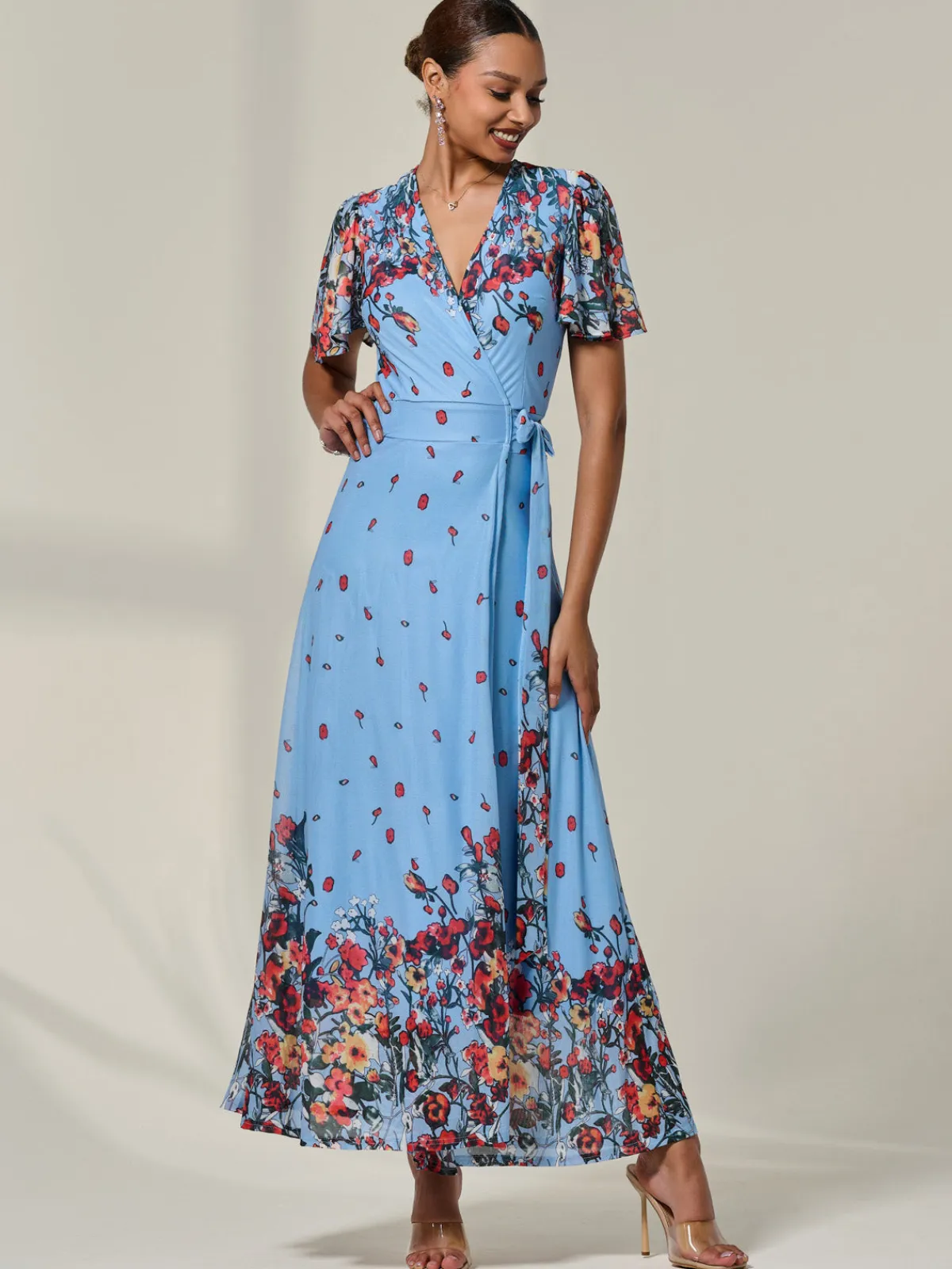 Jolie Moi Occasion Dresses|Floral Dresses-Floral Mirror Mesh Wrap Maxi Dress, Blue Floral