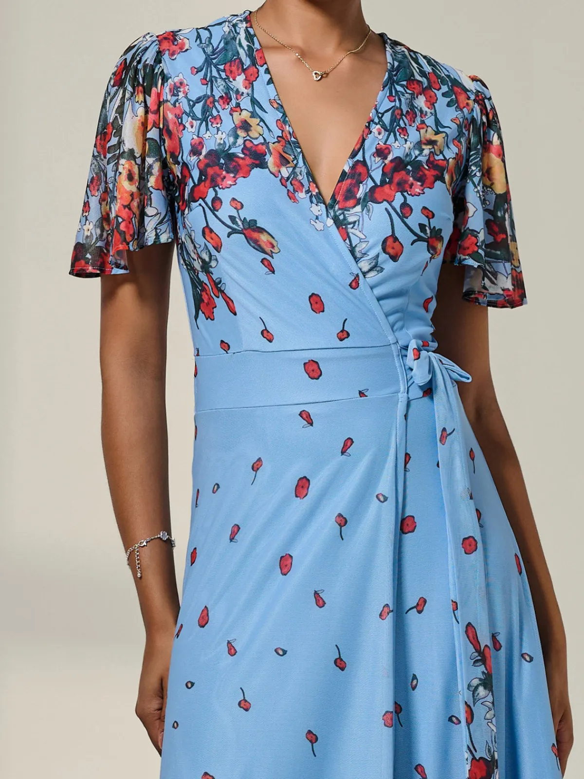 Jolie Moi Occasion Dresses|Floral Dresses-Floral Mirror Mesh Wrap Maxi Dress, Blue Floral