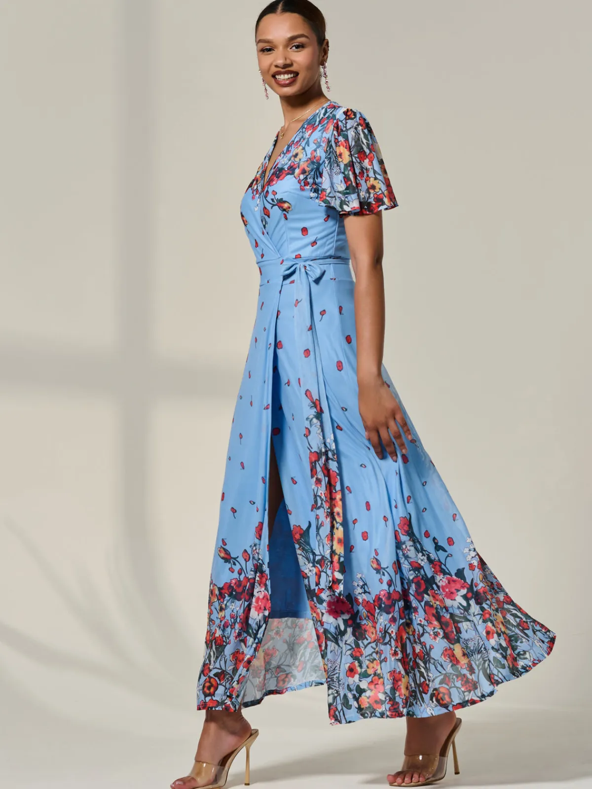 Jolie Moi Occasion Dresses|Floral Dresses-Floral Mirror Mesh Wrap Maxi Dress, Blue Floral