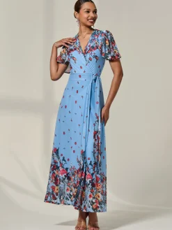 Jolie Moi Occasion Dresses|Floral Dresses-Floral Mirror Mesh Wrap Maxi Dress, Blue Floral