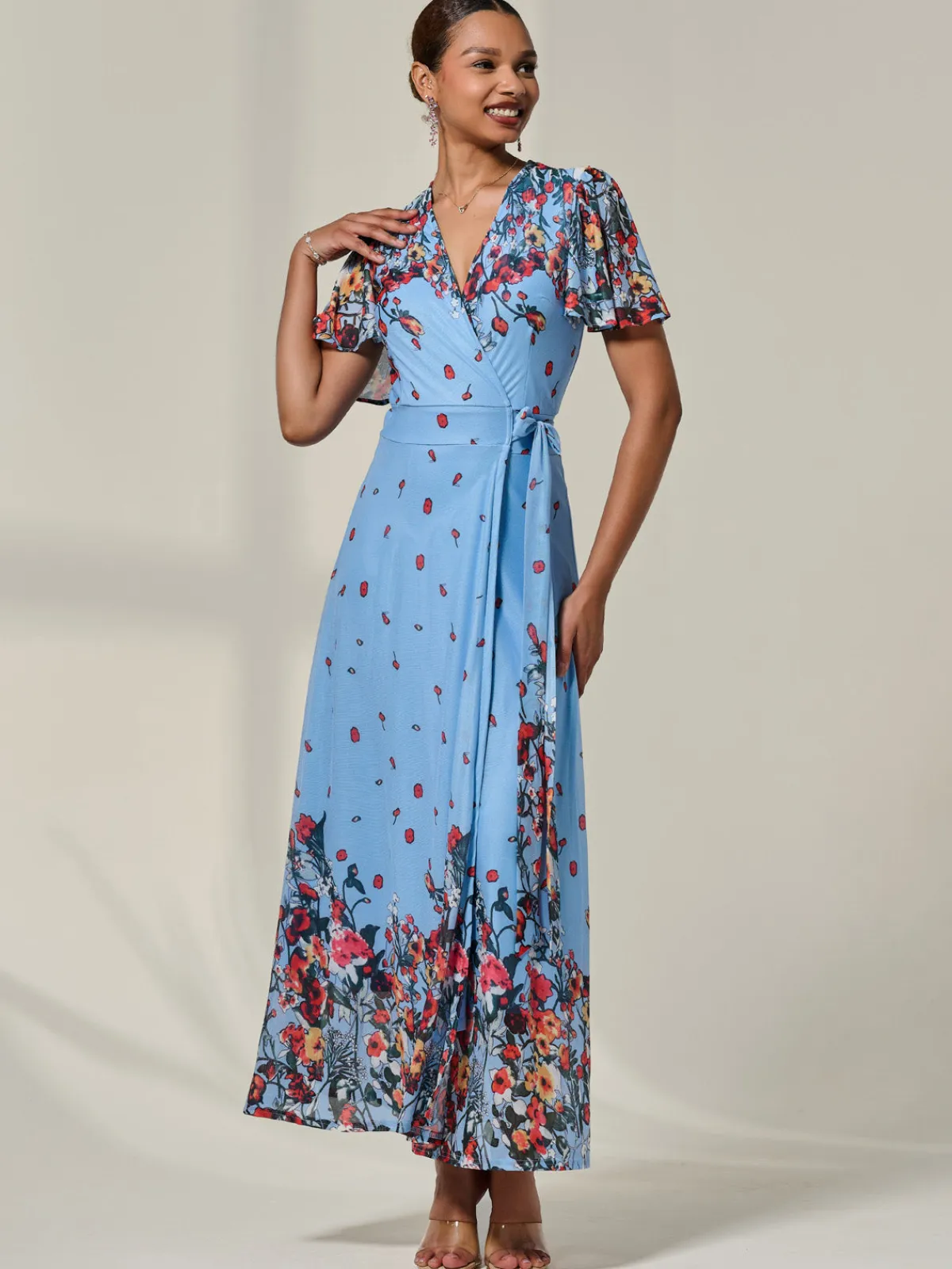 Jolie Moi Occasion Dresses|Floral Dresses-Floral Mirror Mesh Wrap Maxi Dress, Blue Floral