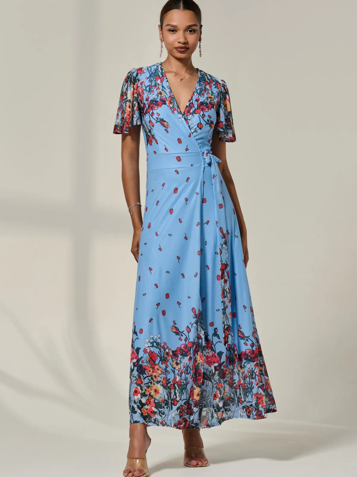 Jolie Moi Occasion Dresses|Floral Dresses-Floral Mirror Mesh Wrap Maxi Dress, Blue Floral
