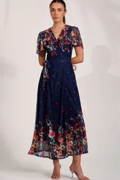 Jolie Moi Floral Dresses|Wedding Guest-Floral Mirror Mesh Wrap Maxi Dress, Floral Multi