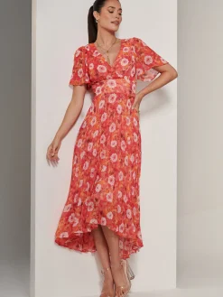 Jolie Moi Occasion Dresses|Floral Dresses-Floral Pleated Chiffon Dip Hem Dress, Orange Multi