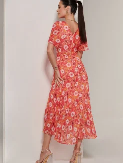 Jolie Moi Occasion Dresses|Floral Dresses-Floral Pleated Chiffon Dip Hem Dress, Orange Multi