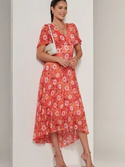 Jolie Moi Occasion Dresses|Floral Dresses-Floral Pleated Chiffon Dip Hem Dress, Orange Multi