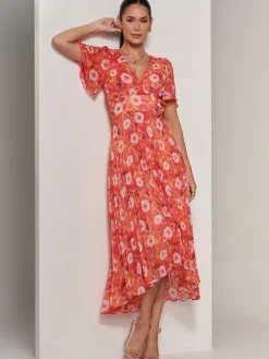 Jolie Moi Occasion Dresses|Floral Dresses-Floral Pleated Chiffon Dip Hem Dress, Orange Multi