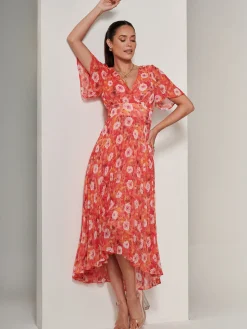 Jolie Moi Occasion Dresses|Floral Dresses-Floral Pleated Chiffon Dip Hem Dress, Orange Multi