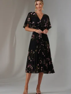 Jolie Moi Occasion Dresses|Floral Dresses-Floral Print Chiffon Pleated Dress, Black Pink Floral