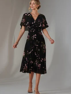 Jolie Moi Occasion Dresses|Floral Dresses-Floral Print Chiffon Pleated Dress, Black Pink Floral