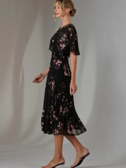 Jolie Moi Occasion Dresses|Floral Dresses-Floral Print Chiffon Pleated Dress, Black Pink Floral