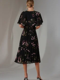 Jolie Moi Occasion Dresses|Floral Dresses-Floral Print Chiffon Pleated Dress, Black Pink Floral