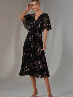 Jolie Moi Occasion Dresses|Floral Dresses-Floral Print Chiffon Pleated Dress, Black Pink Floral