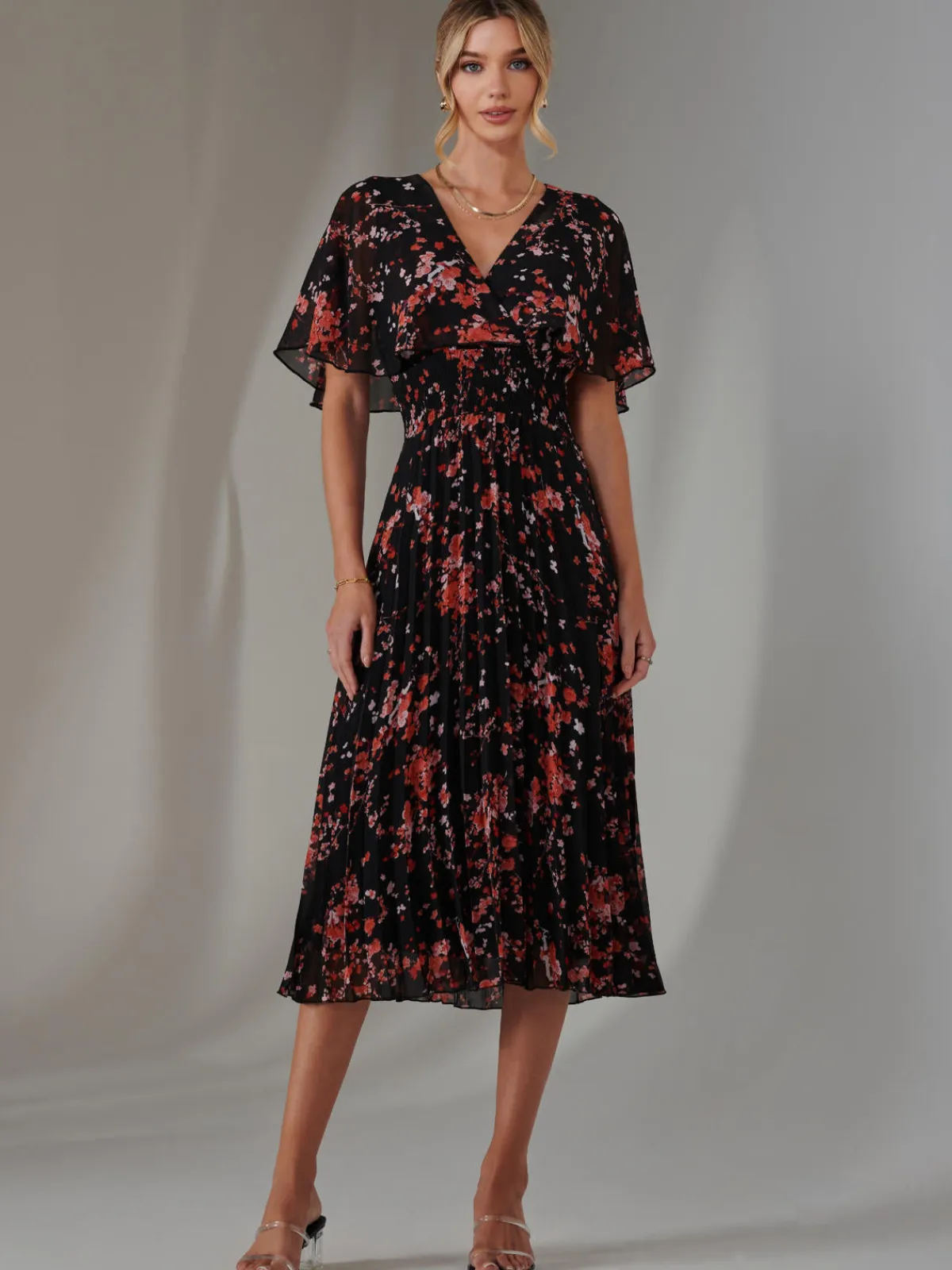 Jolie Moi Occasion Dresses|Floral Dresses-Floral Print Chiffon Pleated Dress, Black Red Floral