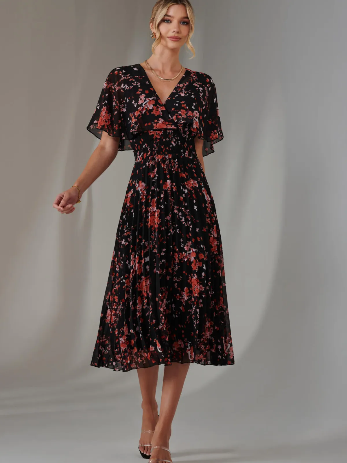 Jolie Moi Occasion Dresses|Floral Dresses-Floral Print Chiffon Pleated Dress, Black Red Floral