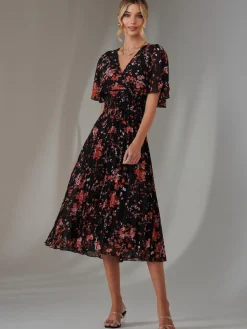 Jolie Moi Occasion Dresses|Floral Dresses-Floral Print Chiffon Pleated Dress, Black Red Floral