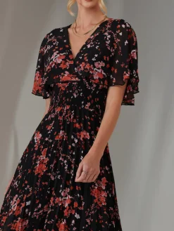Jolie Moi Occasion Dresses|Floral Dresses-Floral Print Chiffon Pleated Dress, Black Red Floral