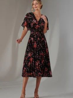 Jolie Moi Occasion Dresses|Floral Dresses-Floral Print Chiffon Pleated Dress, Black Red Floral