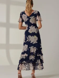Jolie Moi Occasion Dresses|Floral Dresses-Floral Printed Tiered Maxi Dress, Navy Floral