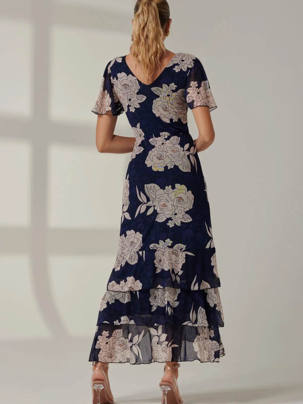 Jolie Moi Occasion Dresses|Floral Dresses-Floral Printed Tiered Maxi Dress, Navy Floral