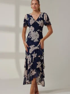 Jolie Moi Occasion Dresses|Floral Dresses-Floral Printed Tiered Maxi Dress, Navy Floral