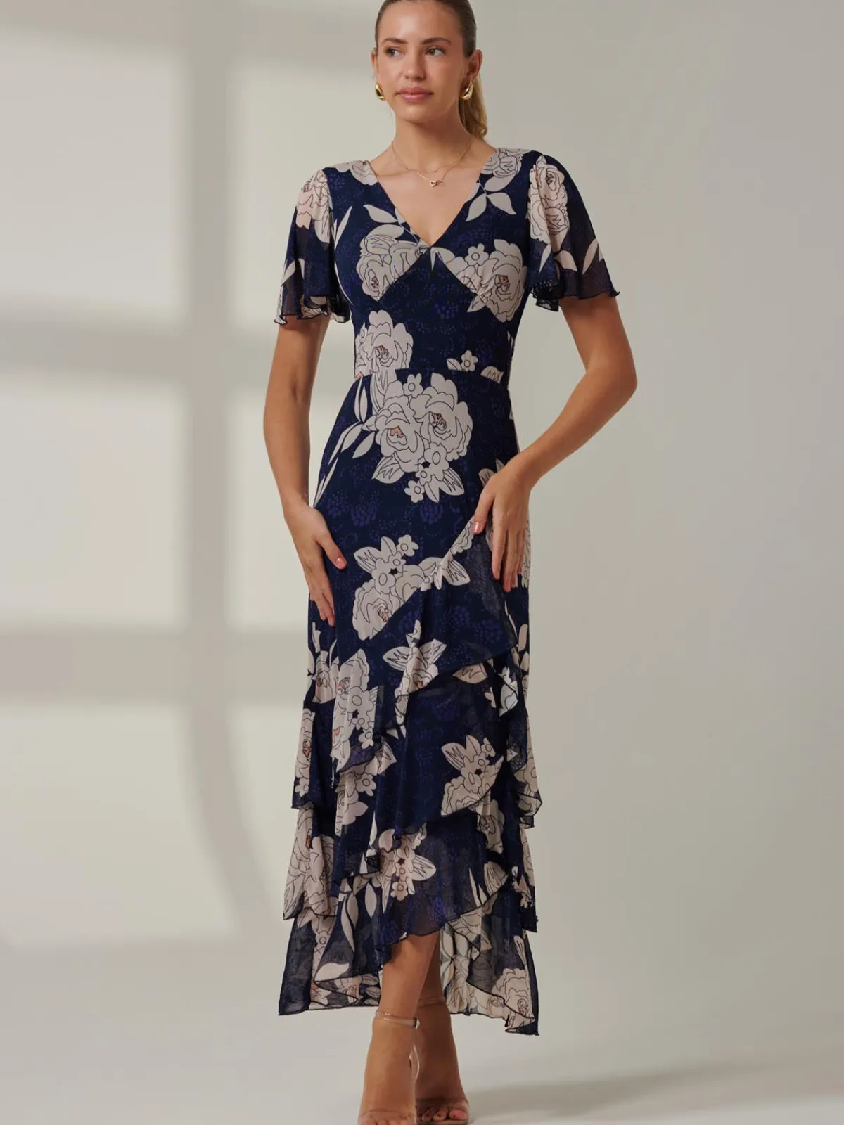 Jolie Moi Occasion Dresses|Floral Dresses-Floral Printed Tiered Maxi Dress, Navy Floral