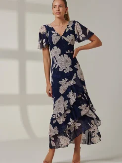 Jolie Moi Occasion Dresses|Floral Dresses-Floral Printed Tiered Maxi Dress, Navy Floral